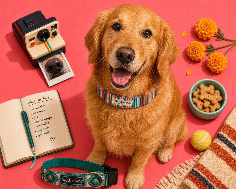 A Golden Retriever wearing a hot pink 2 Hounds Design rainbow-stripe harness and a LuckyLoveDog Austin TX rainbow-stripe collar, sitting on a coral pink backdrop surrounded by playfully arranged Pixar-style props.