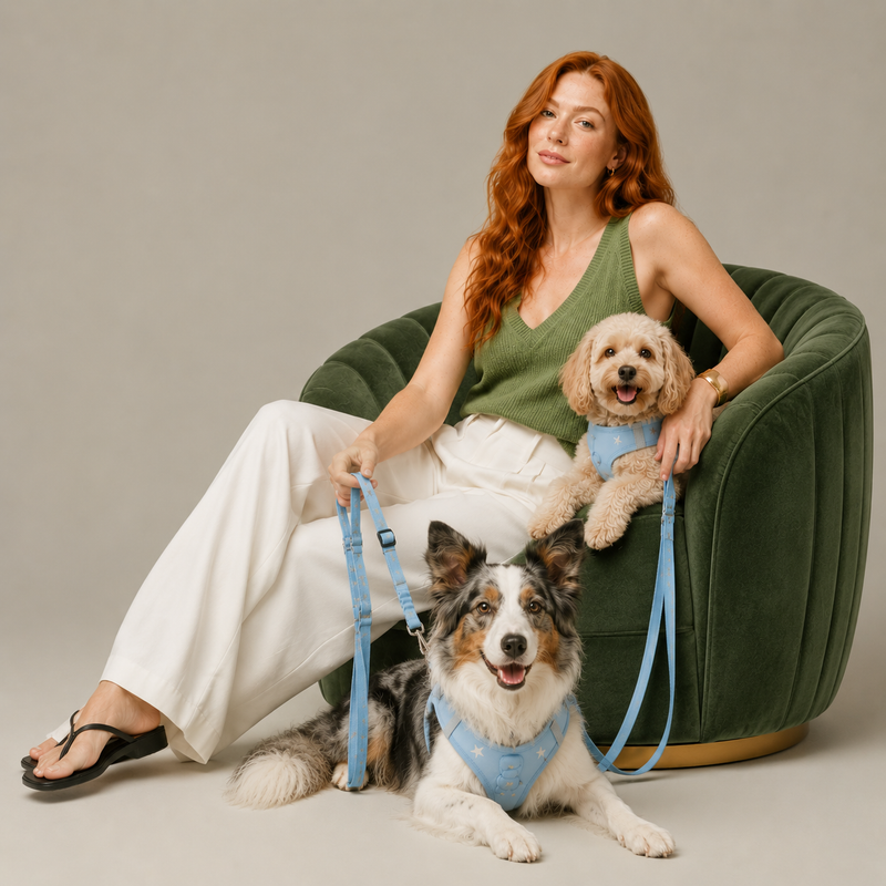 Founder seated with two dogs in matching blue star harnesses