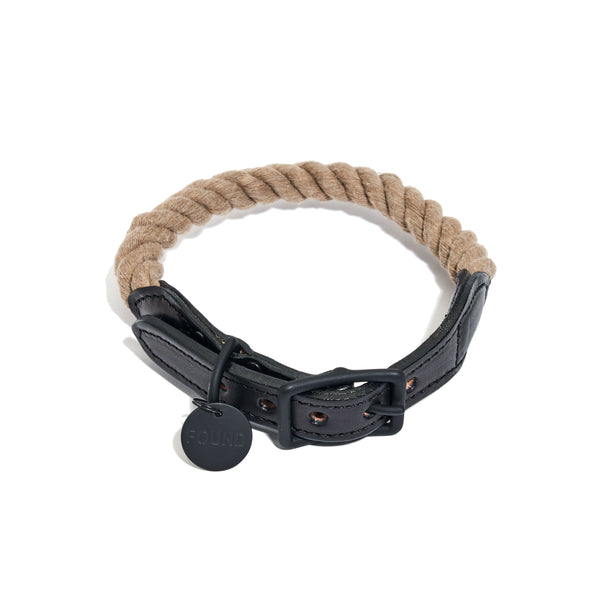 Found My Animal Matte Black/Natural Rope & Leather Dog Collar