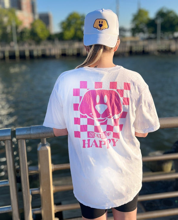 State Of Happy Pink Check Pocket T-Shirt – Mens/Womens T-Shirts by WUFORIA